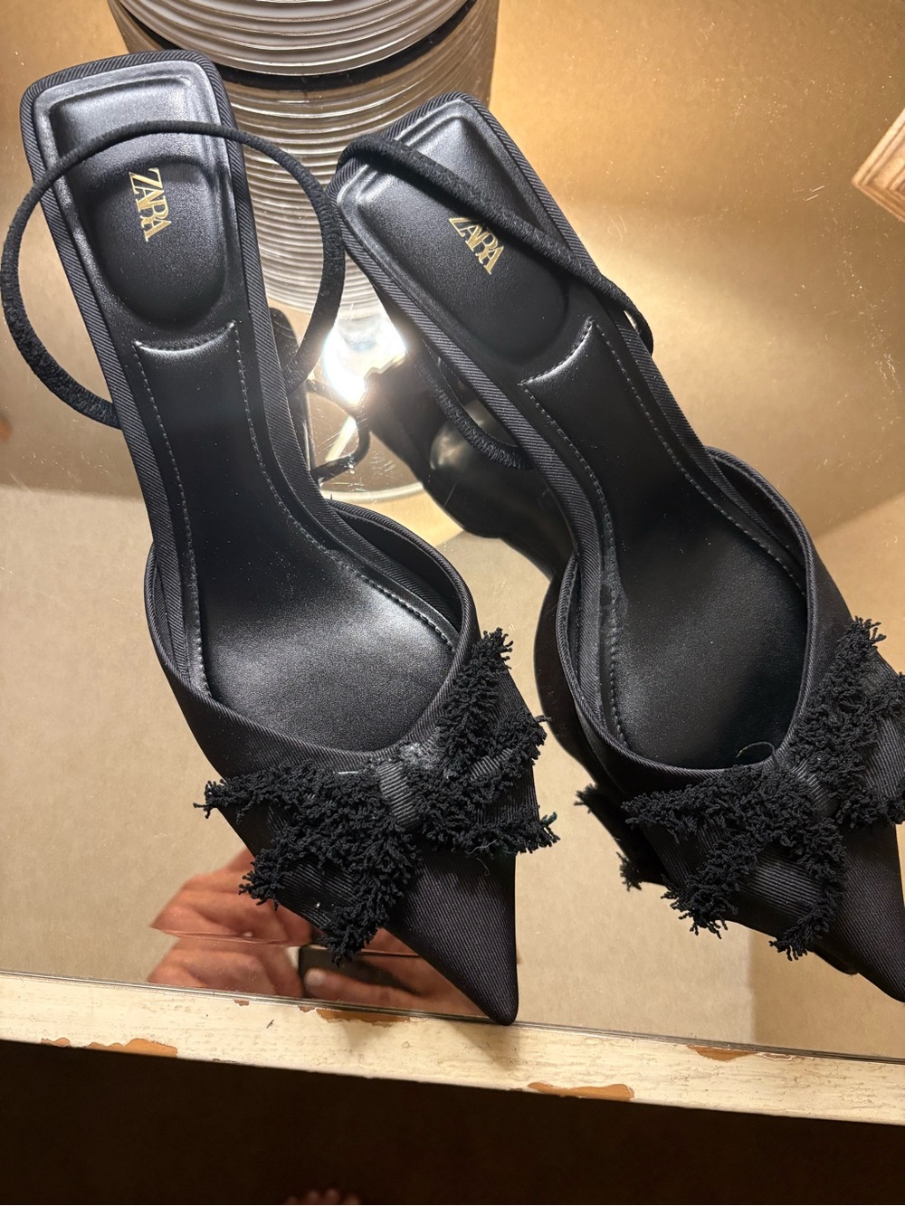Zara Black Pointed Slingback Heels with Frayed Bow Detail